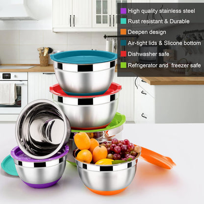 LIANYU Stainless Steel Mixing Bowls Sets of 6, Large 7, 3.5, 2.5, 2, 1.5, 1QT Size with Transparent Airtight Lids, Metal Nesting Serving Bowl Sets for Home Kitchen, Dishwasher & Freezer Safe, Black