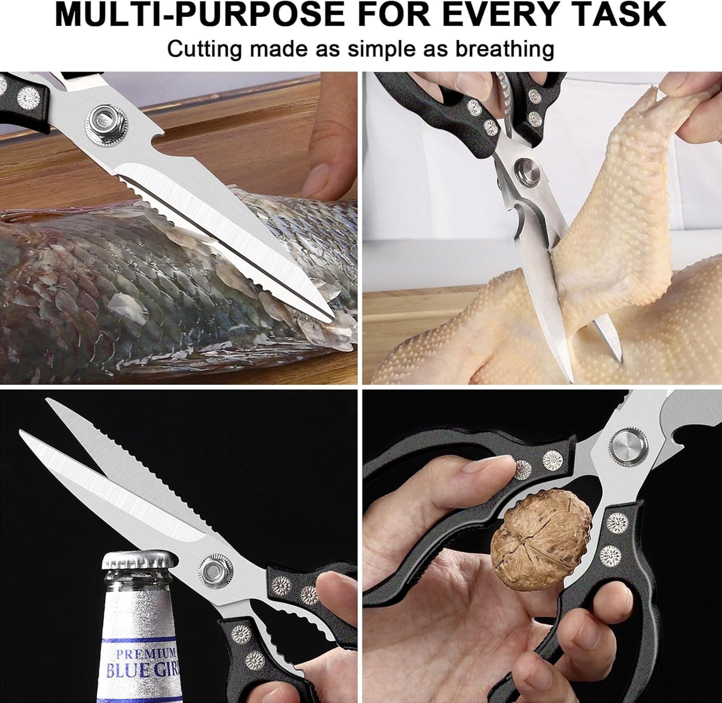CGBE Kitchen Scissors, Multi-Purpose Kitchen Shears, Heavy Duty Dishwasher Safe Food Scissors for Chicken, Poultry, Fish, Meat & Herbs with Non-Slip Grips - Sliver