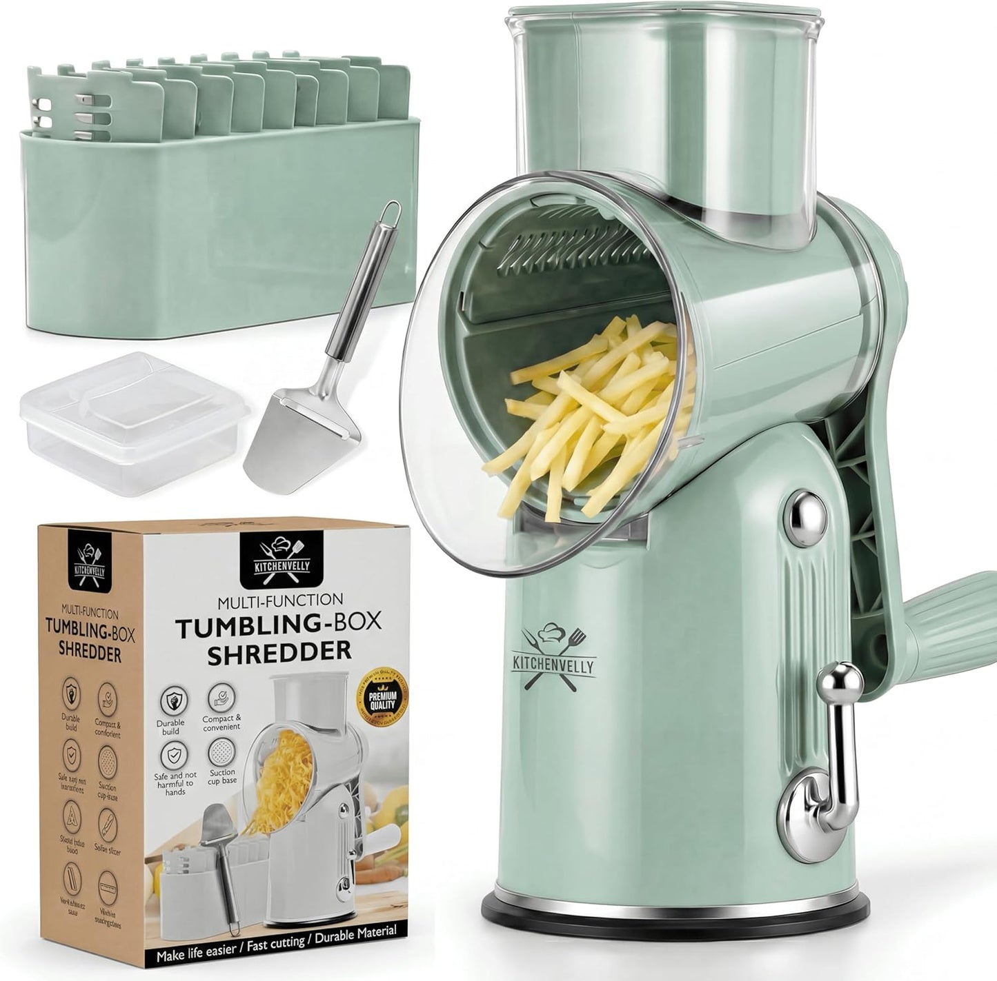 Rotary Cheese Grater Hand Crank, 5 in 1 Vegetable Slicer, Manual Cheese Shredder with Stainless Steel Blades, Food Grater for Cheese Vegetables Nuts, Suction Base, Easy Clean, Beige