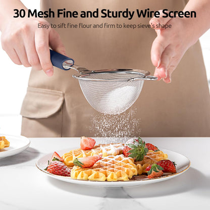 U-Taste Medium Fine Mesh Strainer: 18/8 Stainless Steel 4.73in 30 Mesh Kitchen Food Sieve with Sturdy Riveted Silicone Handle, Heavy Duty Deep Handheld Metal Colander for Rice, Quinoa, Flour (Black)