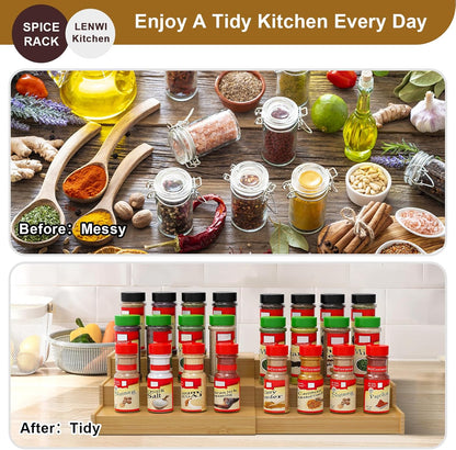 Lenwi Spice Rack Organizer for Cabinet, 3 Tier Expandable Bamboo Spice Storage for Kitchen Cupboard Pantry