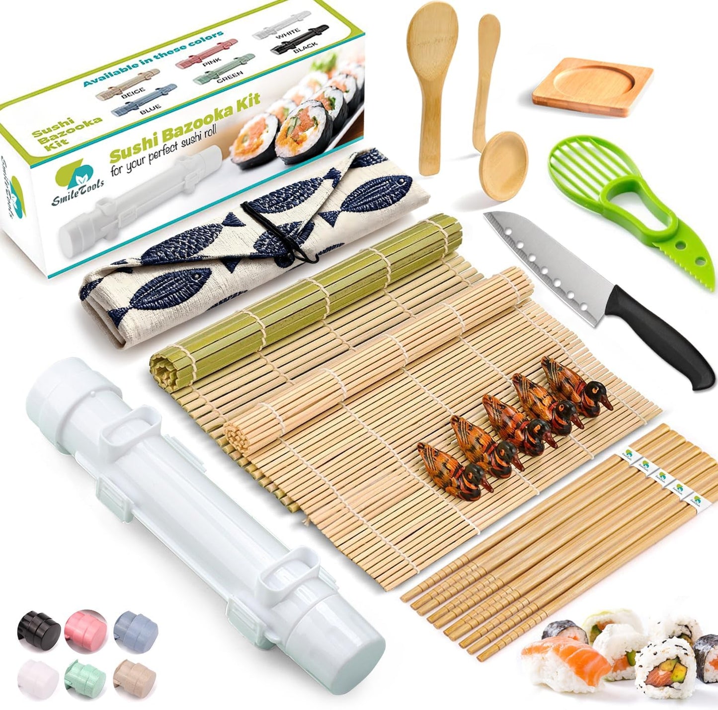 SmileTools Sushi Making Kit, 22pcs Roller Maker for Beginners With Guide Book, Bazooka, Knife, Mat, Avocado Slicer, Chopsticks, Sauce Dishes & More - Sushi Lover's Gift