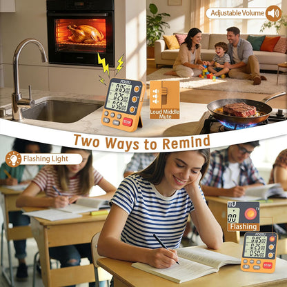 Digital Dual Triple Kitchen Timer, 3-Channel Magnetic Countdown Timer for Cooking, Large Display Stopwatch Multi Food Classroom Timer Loud Alarm for Seniors Teachers Battery Included (Orange)
