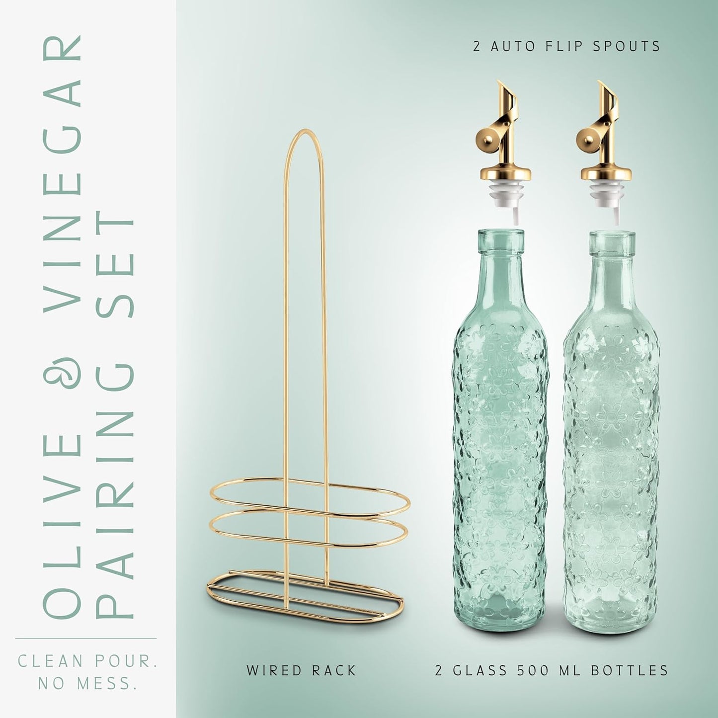 COOK WITH COLOR Glass Olive Oil Bottle Dispenser - 2 Pack- 17oz Oil and Vinegar Cruet - Olive Oil Carafe Decanter for Kitchen, Elegant Waves, Clear