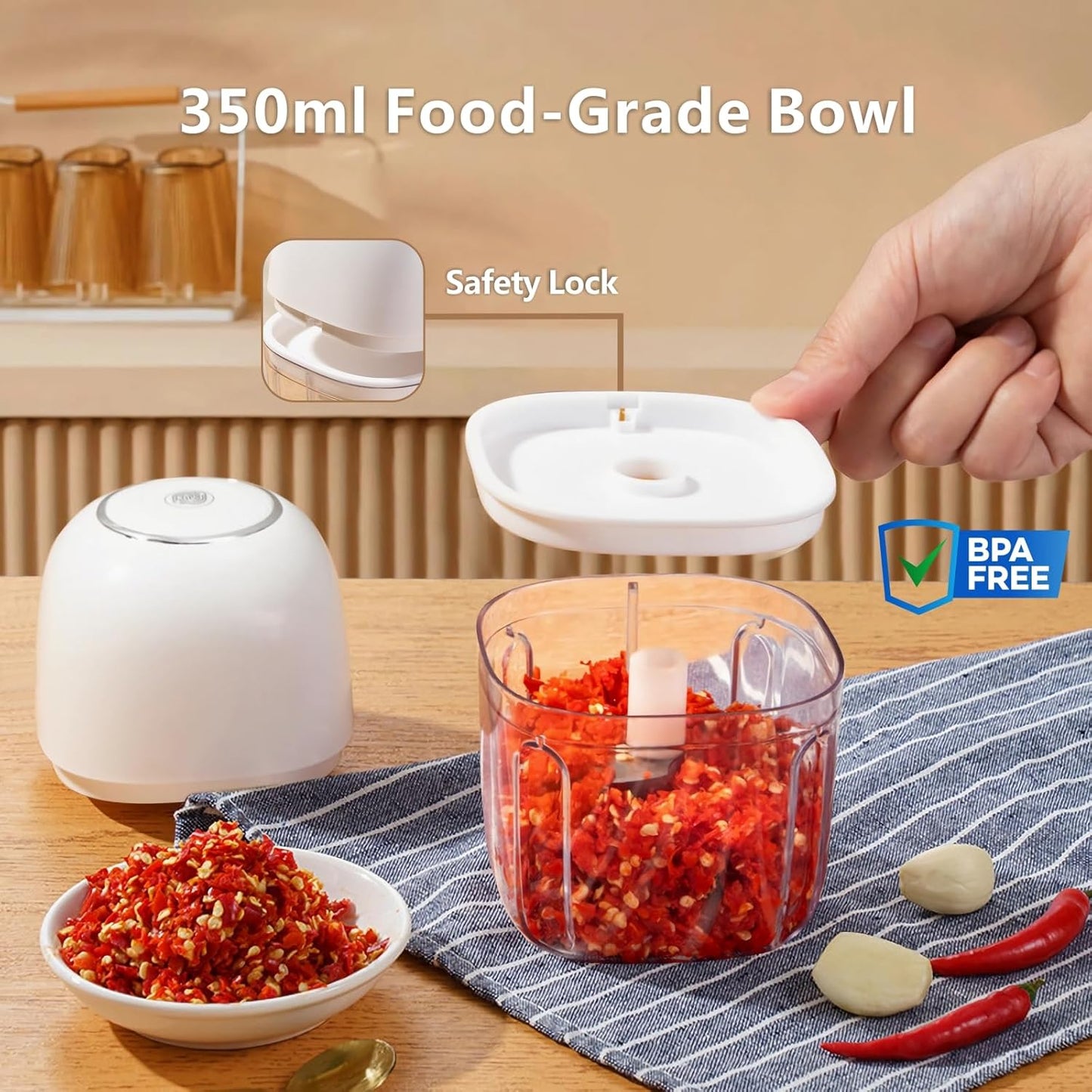 Mini Garlic Chopper, 250ml Small Food Processor Cordless 1 Cup, Battery USB-C Rechargeable Electric Food Chopper Wireless, Portable Garlic Grinder Masher,Veggie Meat Blender Mincer Kitchen Mixer,White