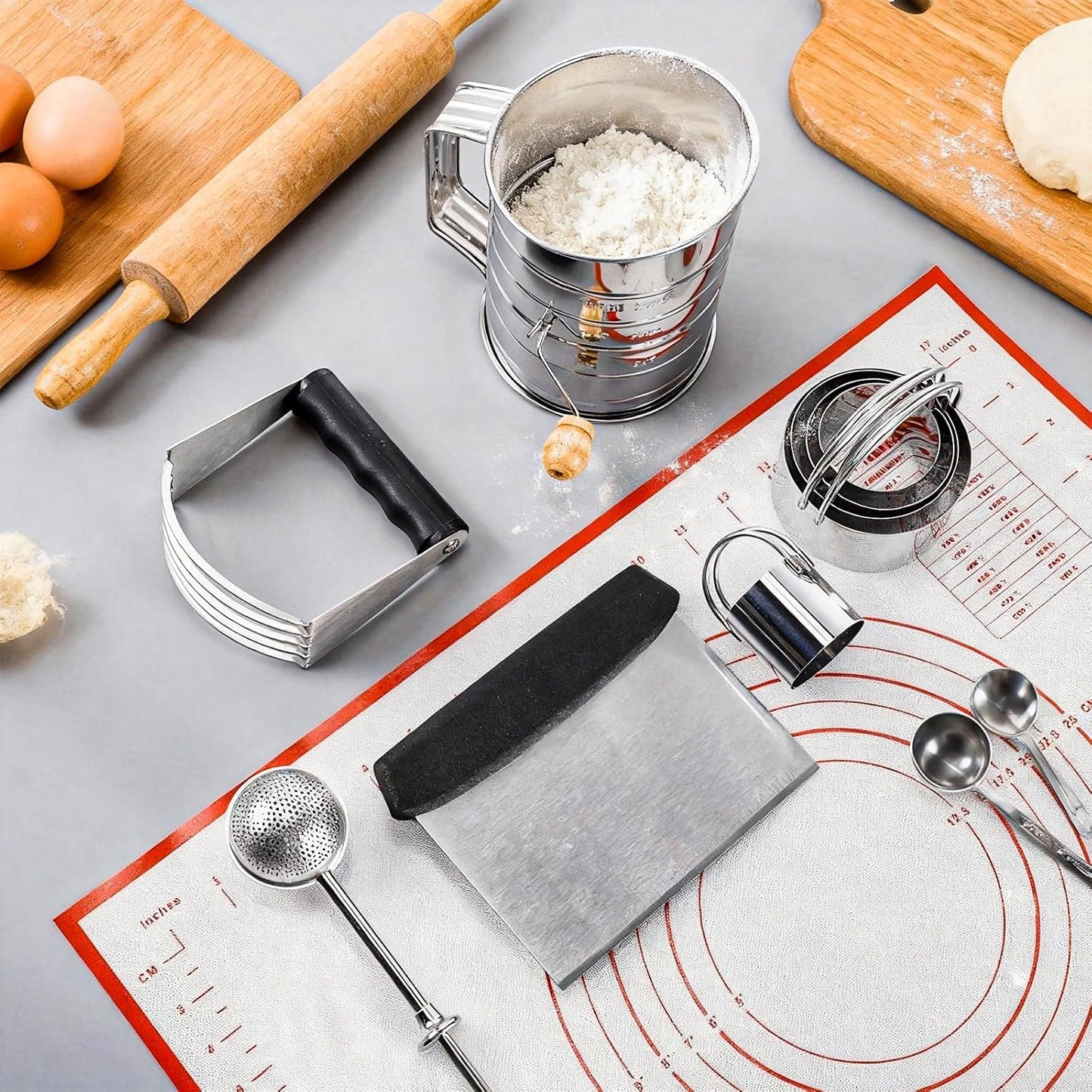 10 Pcs Stainless Steel Pastry Biscuit Cutter Set Include 3 Cup Flour Sifter Biscuit Cutter Pastry Scraper Dough Scraper Silicone Baking Mat Fine Mesh Strainer for Cooking Cookies Donuts Cake