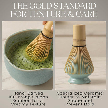 Matcha Whisk Set - Matcha Set Kit with Ceramic Matcha Bowl, Bamboo Whisk & Holder, Stainless Steel Sifter, Bamboo Spoon - Lead-Free 5 Pcs Ceremony Kit for Authentic Tea Ritual, Pink