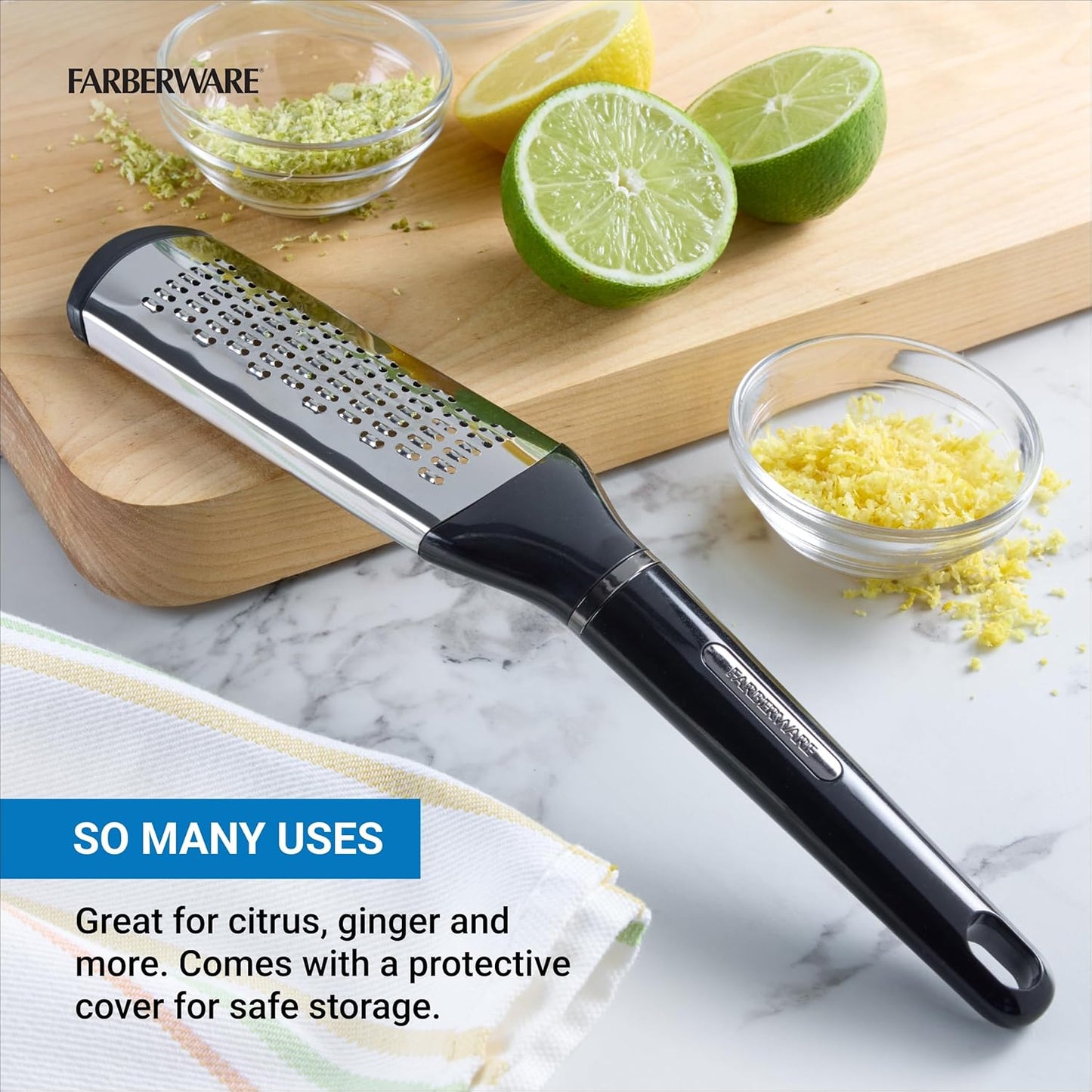 Farberware Professional Slim Zester and Grater – Stainless Steel Blade for Citrus, Ginger, Garlic, Cheese, and Herbs – Compact Design with Blade Cover, Dishwasher Safe