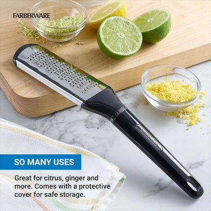 Farberware Professional Slim Zester and Grater – Stainless Steel Blade for Citrus, Ginger, Garlic, Cheese, and Herbs – Compact Design with Blade Cover, Dishwasher Safe