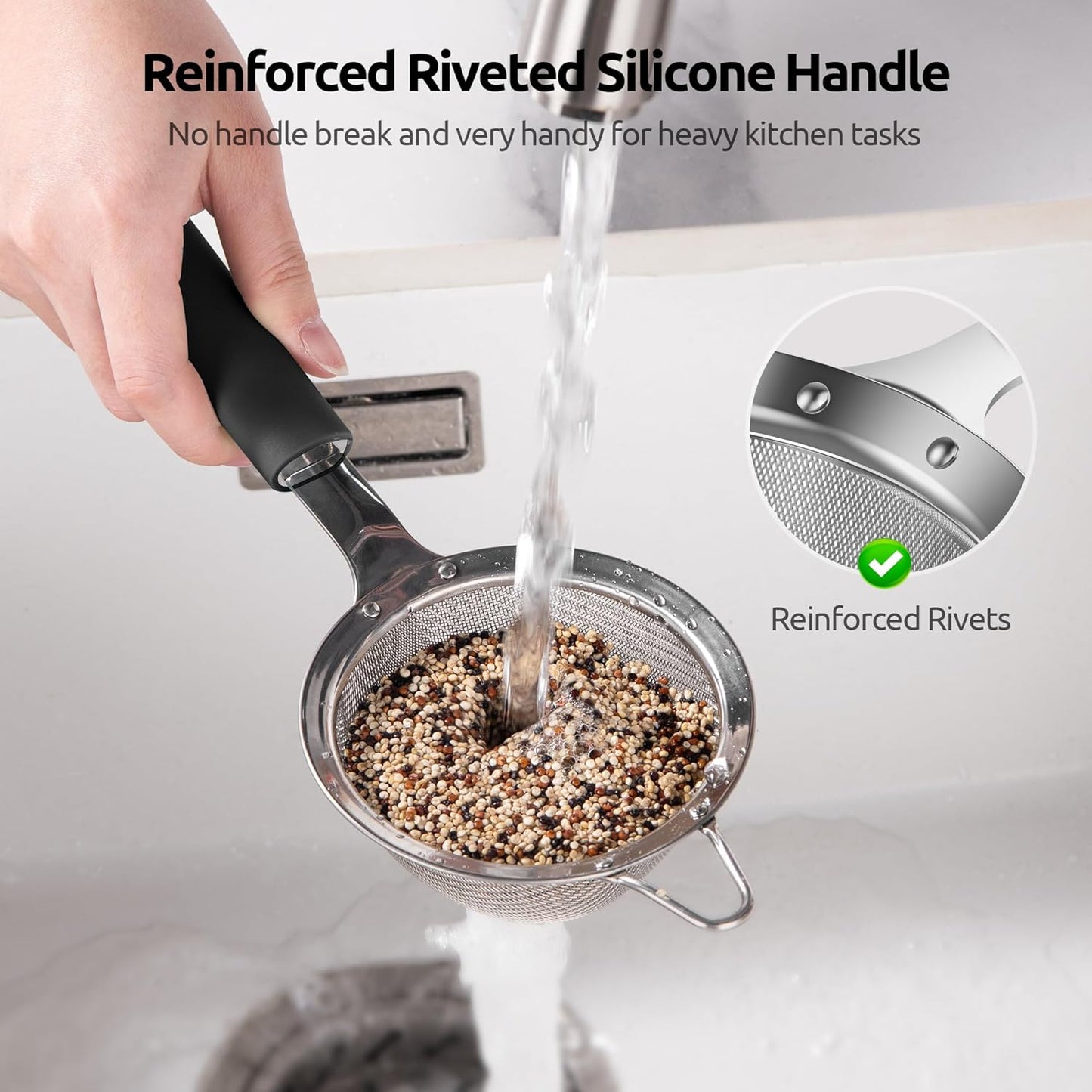 U-Taste Medium Fine Mesh Strainer: 18/8 Stainless Steel 4.73in 30 Mesh Kitchen Food Sieve with Sturdy Riveted Silicone Handle, Heavy Duty Deep Handheld Metal Colander for Rice, Quinoa, Flour (Black)
