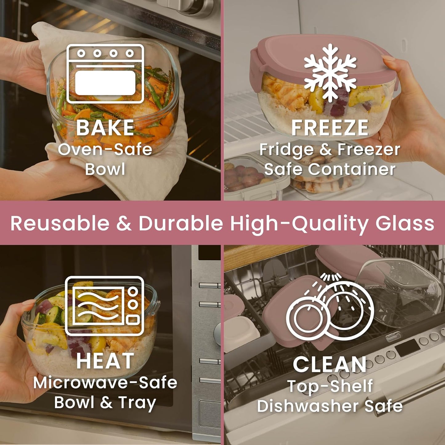 Bentgo Glass Prints Salad Container - 7.6-Cup Tinted Glass Salad Bowl with Airtight Lid, Leak-Proof Sauce Container, 4-Compartment Bento Meal Prep Tray & Reusable Fork (Floral Maximalist - Sea)