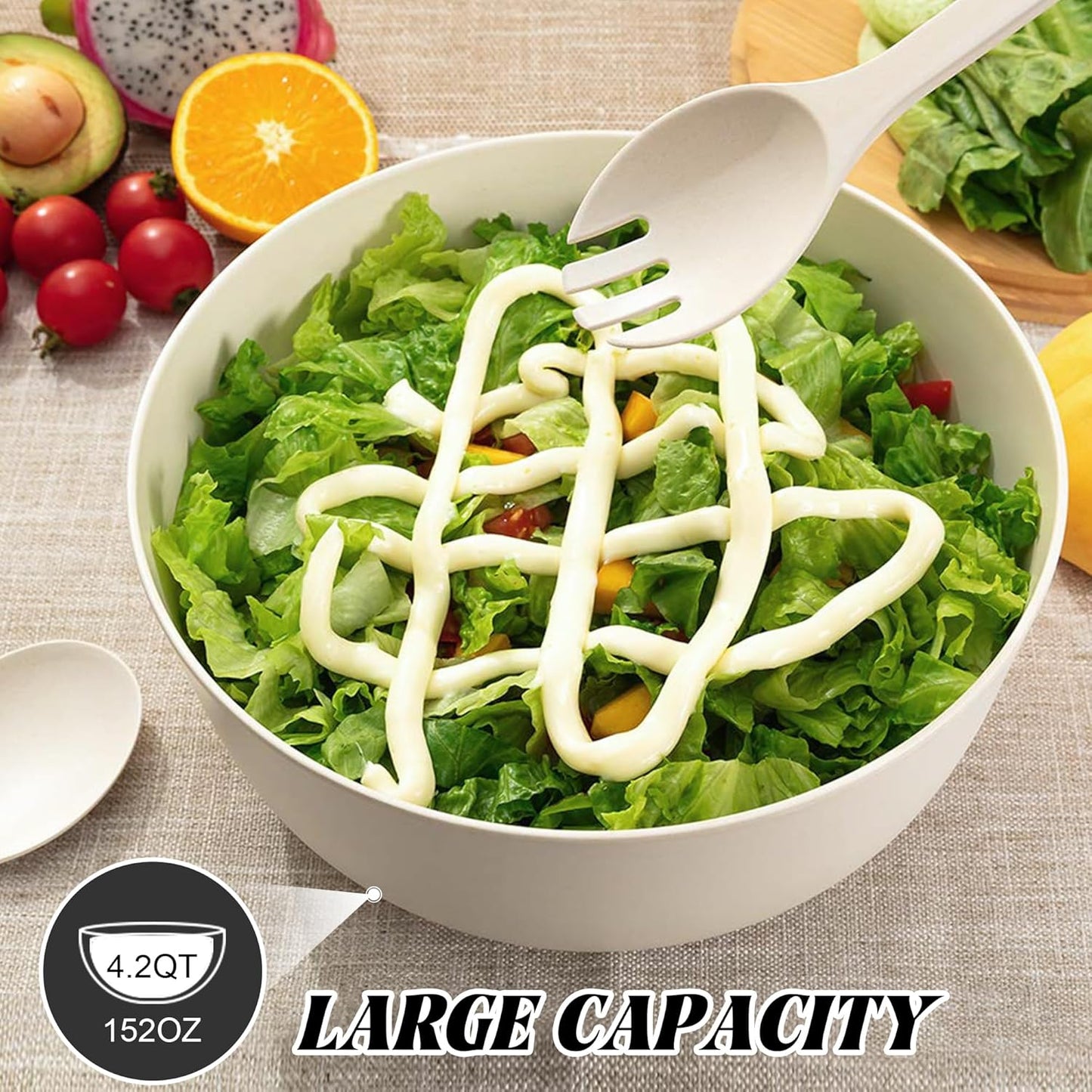 GEHE 12" Salad Bowls, Bamboo Fiber Salad Bowl with Lid, 7.7Qt Extra Large Mixing Bowls with Servers for Kitchen, Salad Serving Bowl Set with Utensils for Salad, Pasta, Fruits, Vegetables and Dessert