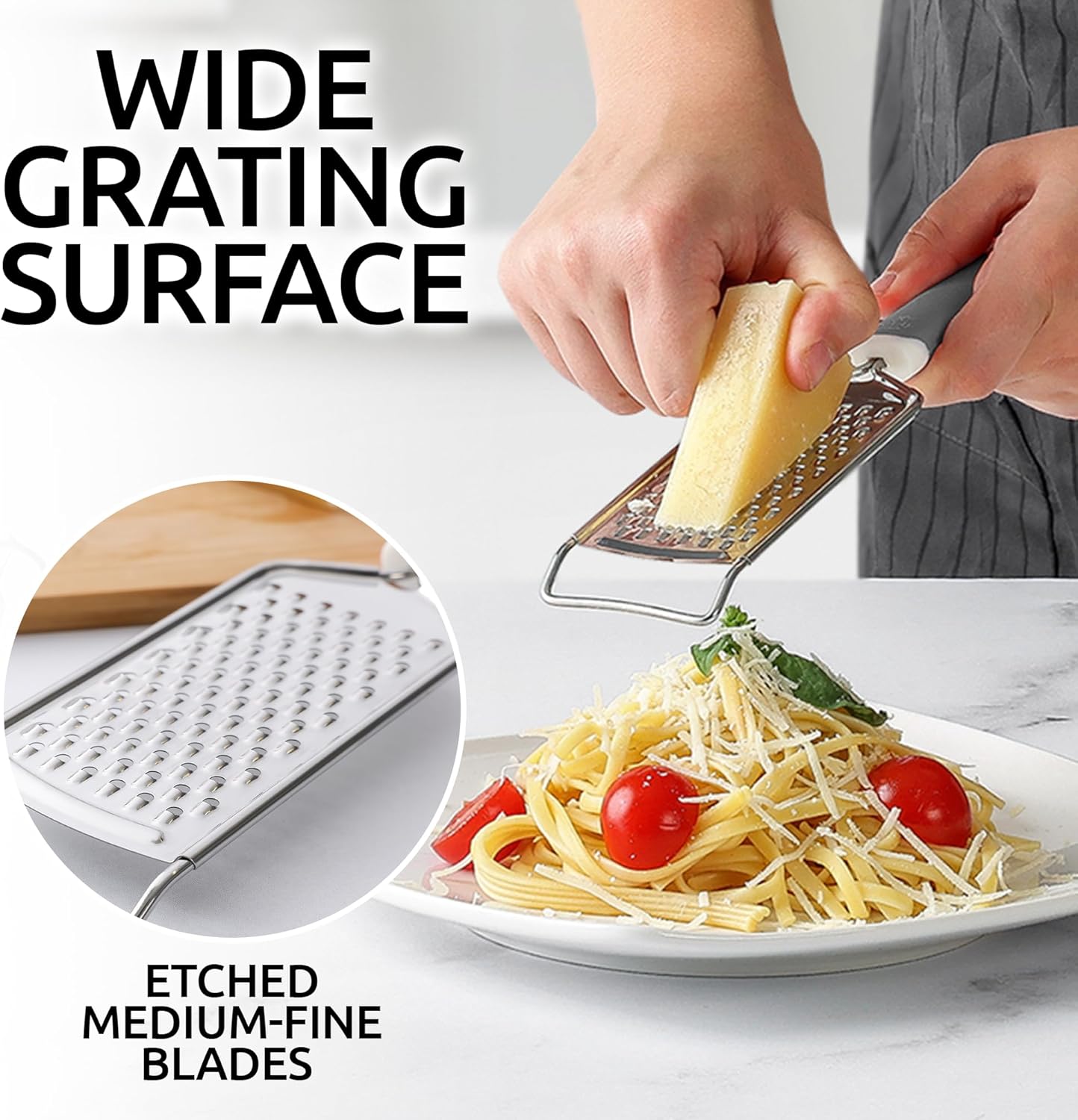 Zulay Kitchen Professional Cheese Grater Stainless Steel - Durable Rust-Proof Metal Lemon Zester Grater With Handle - Flat Handheld Grater For Cheese, Chocolate, Spices, And More - White