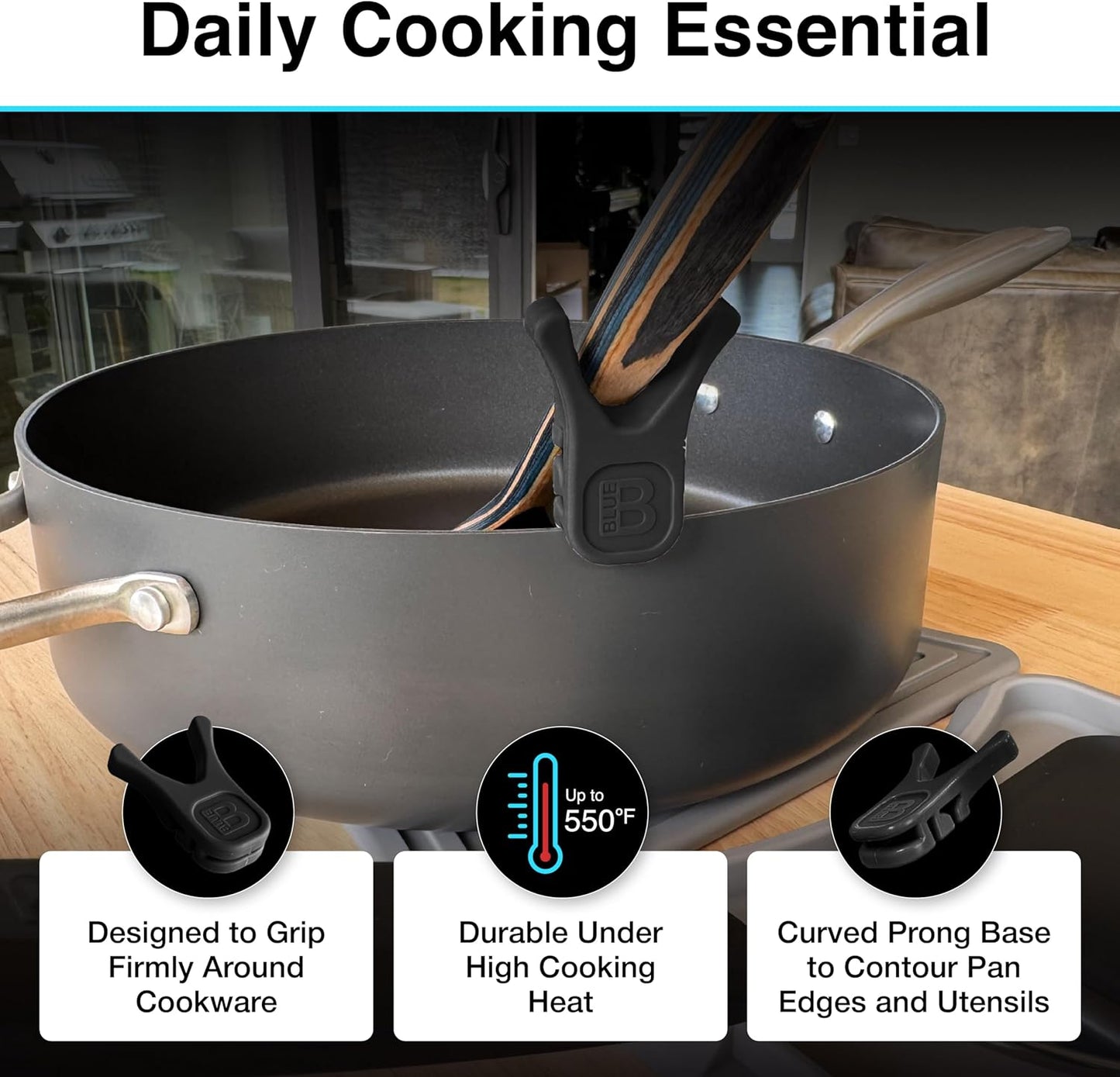 Nottaslip Utensil Prong Pot Spoon Holder - Premium Silicone Spoon Rest - Heat-Resistant to 550°F, BPA-Free, Dishwasher Safe Utensil Pot Clip, Fits Most Pots & Pans - Non-Slip Silicone - 2PK, Black