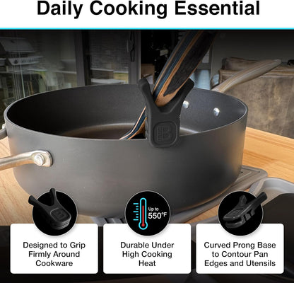 Nottaslip Utensil Prong Pot Spoon Holder - Premium Silicone Spoon Rest - Heat-Resistant to 550°F, BPA-Free, Dishwasher Safe Utensil Pot Clip, Fits Most Pots & Pans - Non-Slip Silicone - 2PK, Black