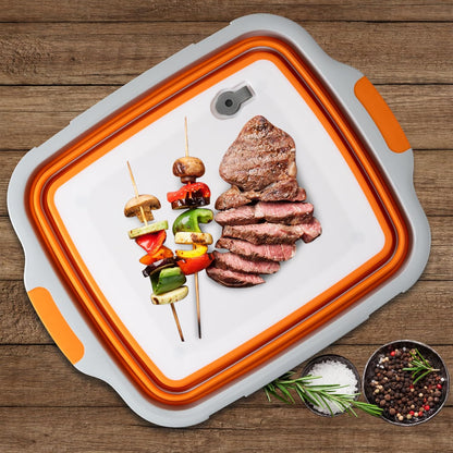 Collapsible Cutting Board(2.11 Gal/8L), BBQ Prep Tub with Locking Lid, Foldable Camping Sink with Colander, Multifunction Dish Basin for Kitchen, Bowl, Vegetable and Fruit, Storage Basket for Picnic