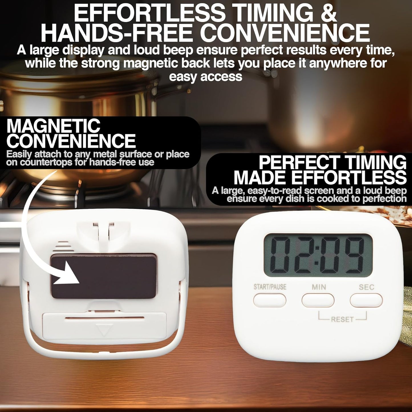 Digital Kitchen Timer Magnetic Backing Stand, Loud Alarm Timers, Timers for Kitchen, Baking, Exercise Training, Study, Count up and Count down Clock, White