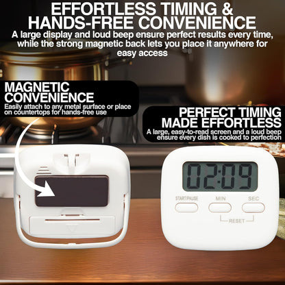 Digital Kitchen Timer Magnetic Backing Stand, Loud Alarm Timers, Timers for Kitchen, Baking, Exercise Training, Study, Count up and Count down Clock, White
