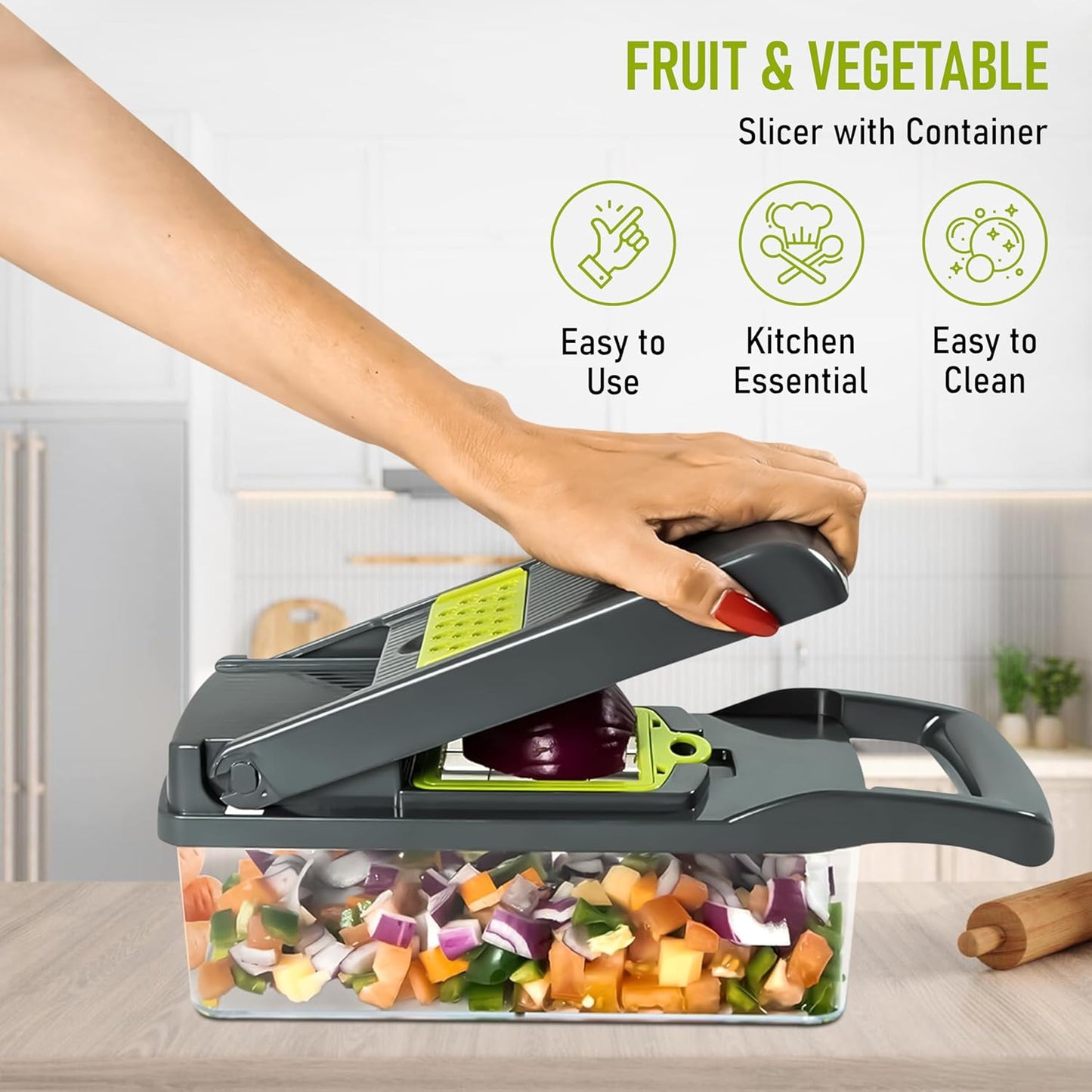 Vegetable Chopper with Container - Pro 12 in 1 Mandoline Slicer - Multifunctional Vegetable Dicer with Top Handle, Drain Basket, Egg Separator & 8 Versatile Blades - Manual Veggie Cutter for Kitchen