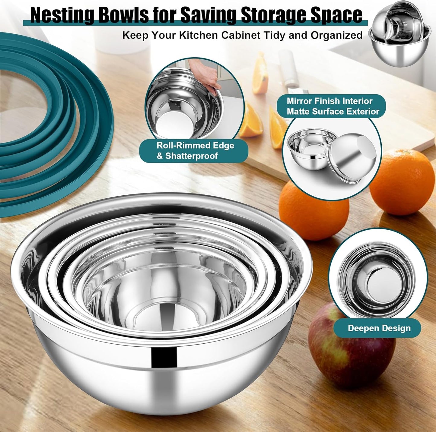 E-far Mixing Bowls Set of 5, Stainless Steel Salad Mixing Bowl with Transparent Lid, Metal Nesting Bowl Attach with 3 Graters for Kitchen Prepping/Serving/Baking/Storage, 4.6/2.6/1.5/1/0.7 QT - Khaki