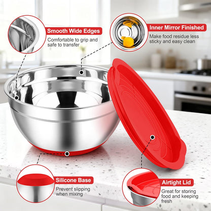 TeamFar Mixing Bowls, Black Mixing Bowls with Lids Set, Stainless Steel Nesting Salad Bowl with Air-tight Lid & Silicone Bottom, Non Slip & Stackable - Set of 6-4.6/2.6/2 / 1.5/1 / 0.7 Qt