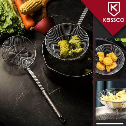 KEISSCO Stainless Steel Spider Strainer Skimmer Spoon For Frying and Cooking - Set of 3 Solid Wire Asian Strainer Ladle Pasta Strainer with Long Handle, Professional Kitchen Skimmer Ladle