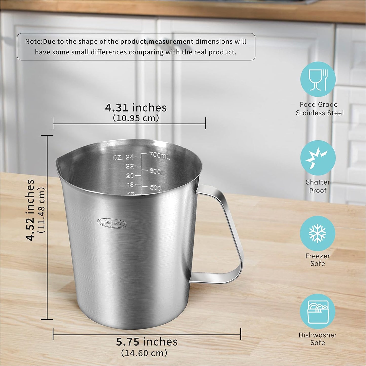 Newness Stainless Steel Measuring Cup, Metal Measuring Cup with Handle (Upgraded, 3 Marking Including Cup/ML/Ounce Scale), 16 Ounces (0.5 Liter, 2 Cup)