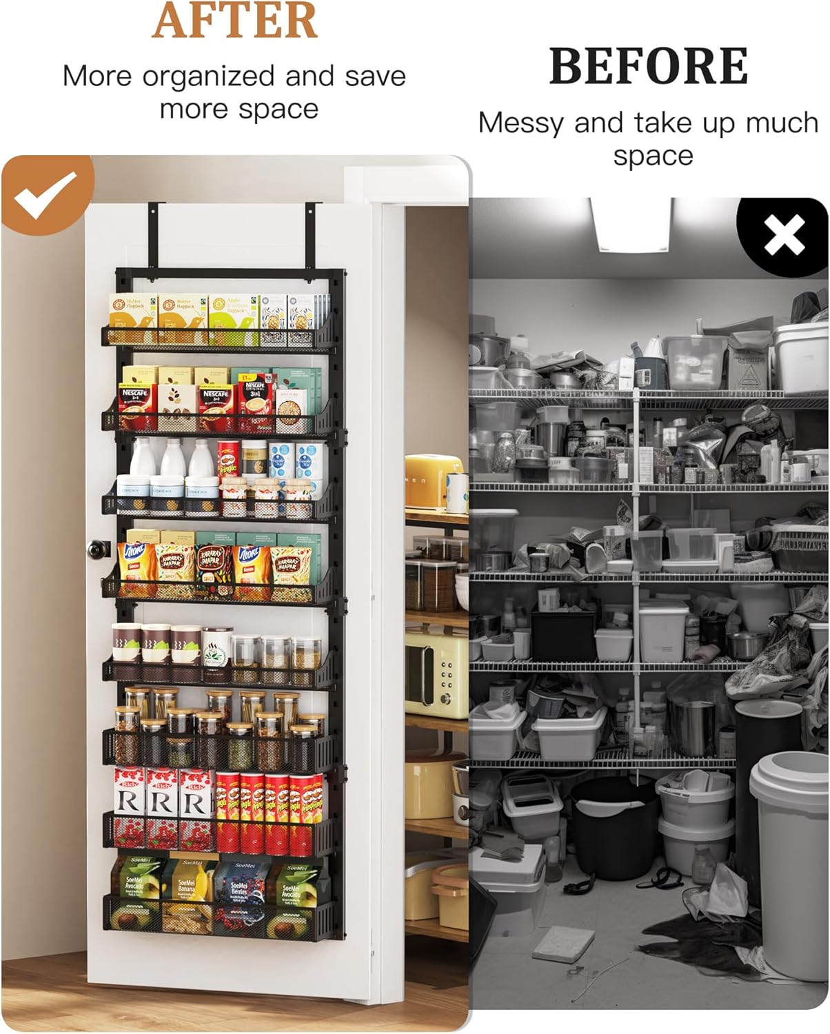 POKIPO Over the Door Pantry Organizer 8-Tier, Large Metal Door Spice Rack with Adjustable Basket, 2 in 1 Wall Mount or Hanging Heavy-Duty Pantry Door Storage Shelf for Kitchen and Bathroom, White