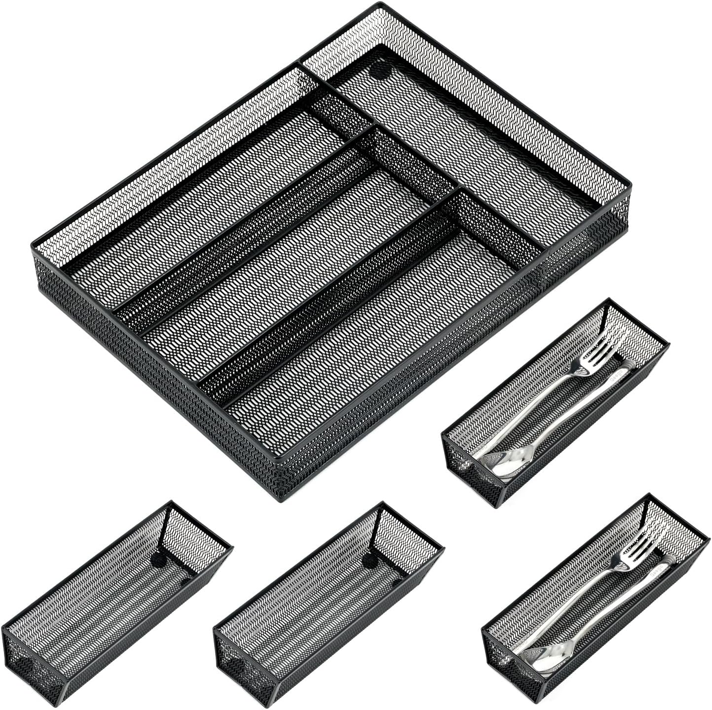 Neudeco Silverware Drawer Organizer - 5 Compartment Cutlery Tray with Non-Slip Feet, Mesh Wire Flatware Storage Divider for Kitchen, Bedroom, Living Room (Silver)