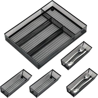 Neudeco Silverware Drawer Organizer - 5 Compartment Cutlery Tray with Non-Slip Feet, Mesh Wire Flatware Storage Divider for Kitchen, Bedroom, Living Room (Silver)