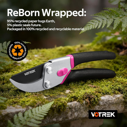 VOTREK® Pruning Shears, 8.5” Professional Garden Pruner with Jam-Proof Spring & Ever-Sharp SK5 Blade, Ergonomic Bypass Clippers for Rose, Tree Trimming, Heavy Duty Bonsai Scissor for Weak Hand