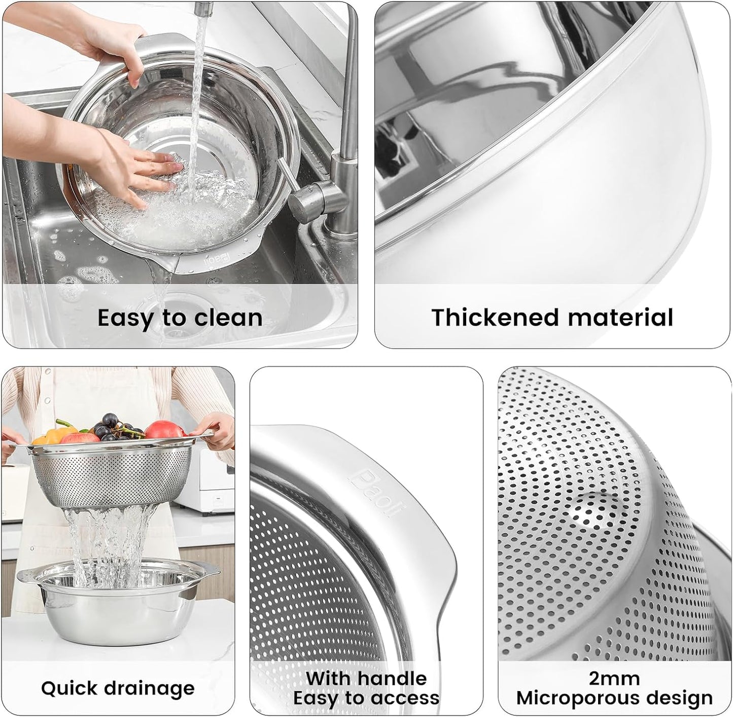 Paoli 304 Stainless Steel Fine Mesh Colander Set, 1.5QT Large Capacity Strainer with Mixing Bowl — Rinse Fruits, Veggies, Rice & Drain Pasta, Dishwasher Safe (2-Piece)