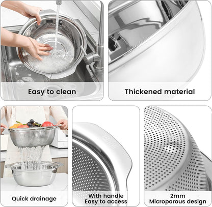 Paoli 304 Stainless Steel Fine Mesh Colander Set, 1.5QT Large Capacity Strainer with Mixing Bowl — Rinse Fruits, Veggies, Rice & Drain Pasta, Dishwasher Safe (2-Piece)