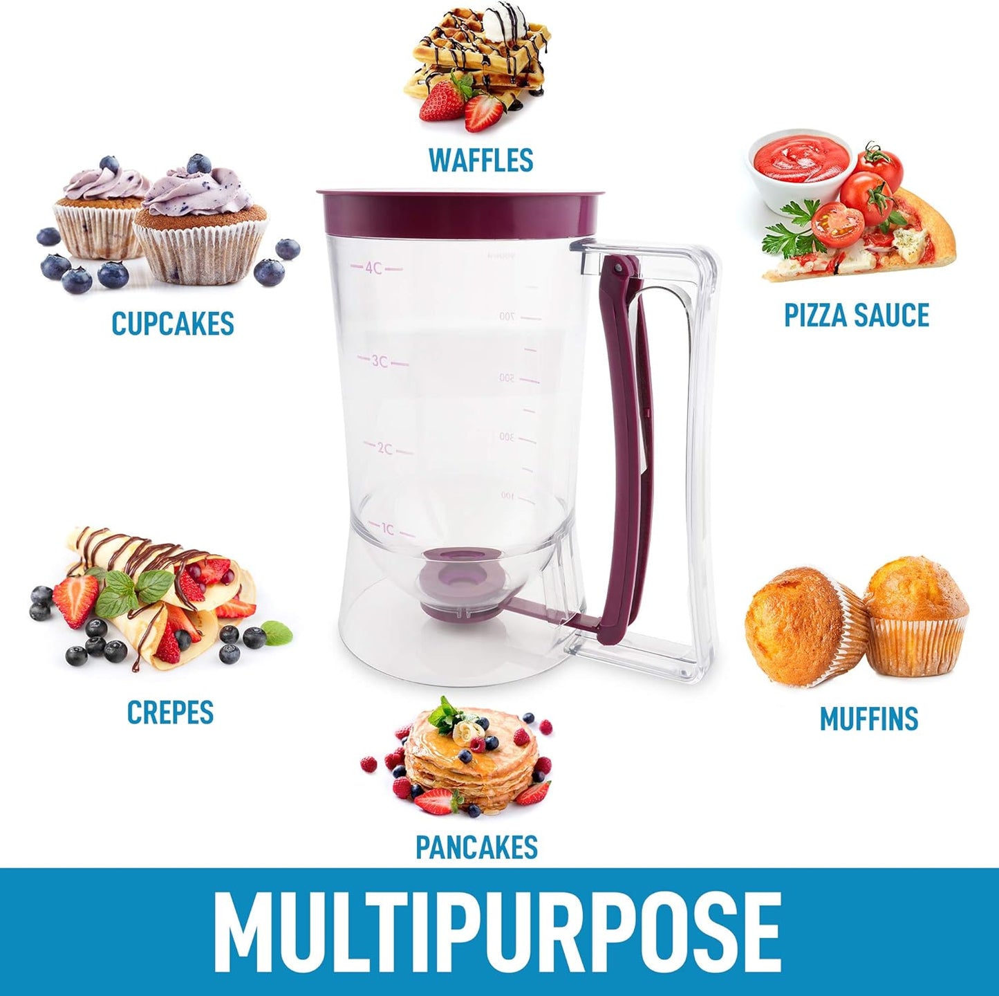 Zulay Kitchen 4 Cup Pancake Batter Dispenser With Squeeze Handle - Pancake Dispenser For Batter With Measuring Label - Pancake Batter Mixer Dispenser Bottle For Cupcakes, Crepes, Waffles & More