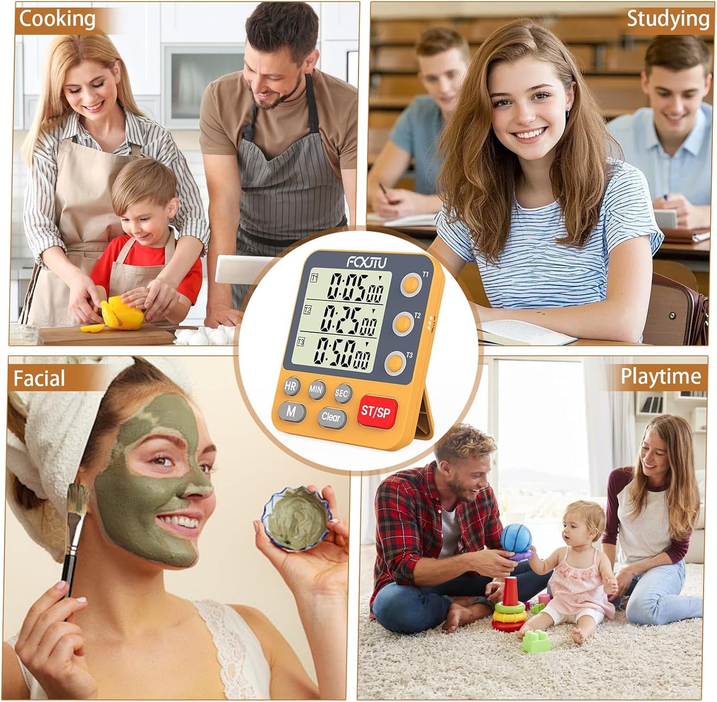 Digital Dual Triple Kitchen Timer, 3-Channel Magnetic Countdown Timer for Cooking, Large Display Stopwatch Multi Food Classroom Timer Loud Alarm for Seniors Teachers Battery Included (Orange)