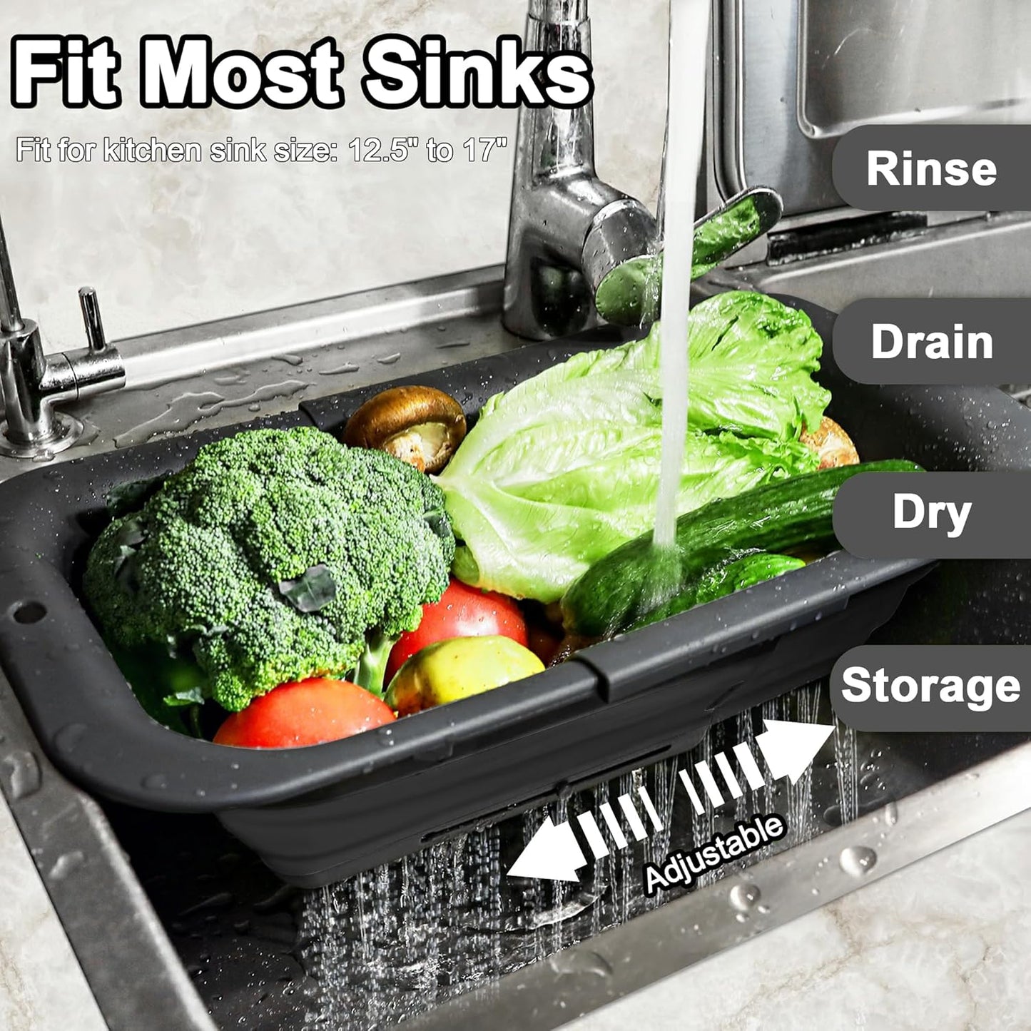 ROTTOGOON 7Qt Collapsible Colander Strainer, Expandable Over the Sink Colander, Adjustable Silicone Kitchen Sink Strainer, Foldable Large Colanders Basket to Wash Vegetable, Fruit, 15" to 19.8", Green