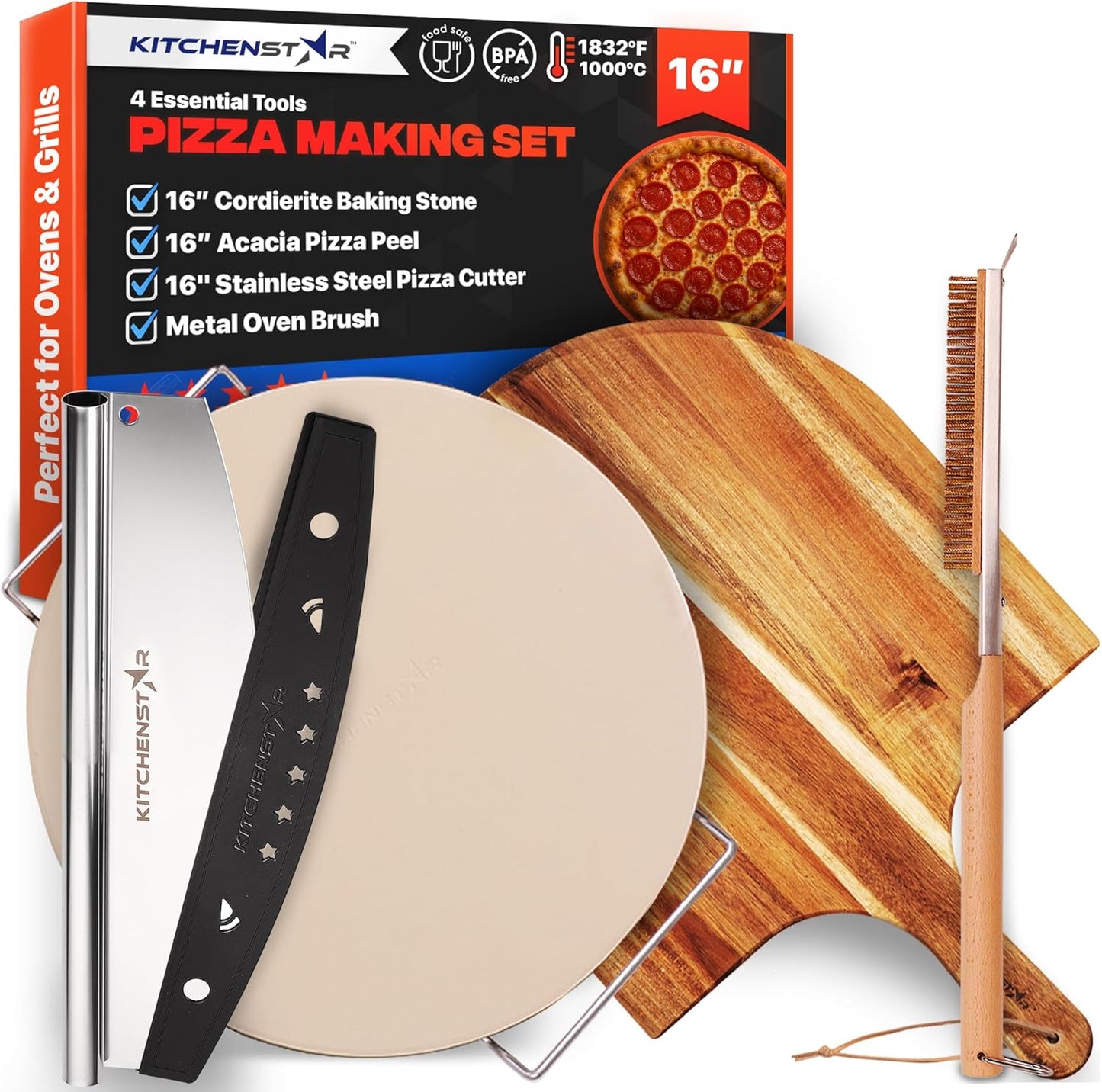 KitchenStar 14-Inch Pizza Cutter Rocker Blade - Sharp Stainless Steel Slicer Knife, Protective Cover, Dishwasher Safe, Large - Professional Pizza Oven Accessories