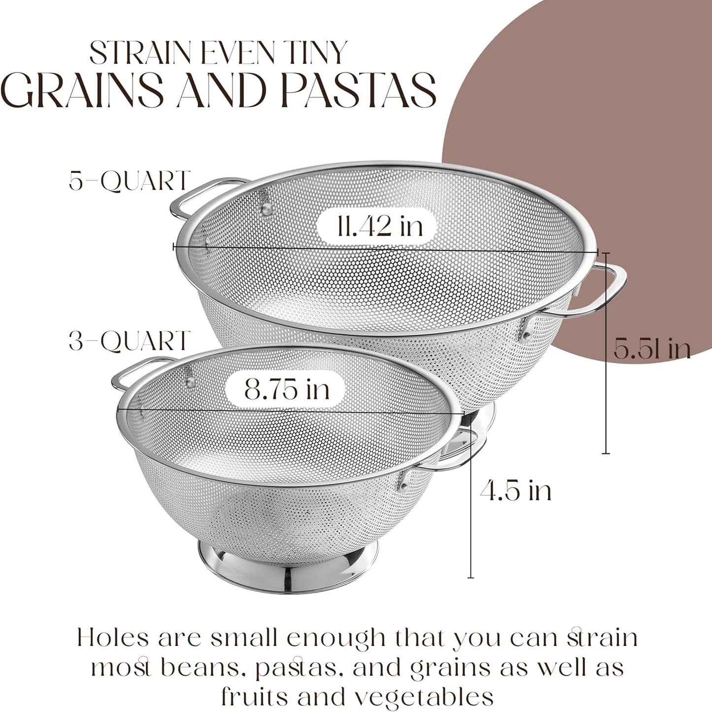 Bellemain Colander for Kitchen – 5 Qt Stainless Steel Strainer with Handle - 18/8 Pasta Strainer Bowl for Pasta, Spaghetti, Vegetables, Fruit, and Pot Draining - Stainless Steel Colander