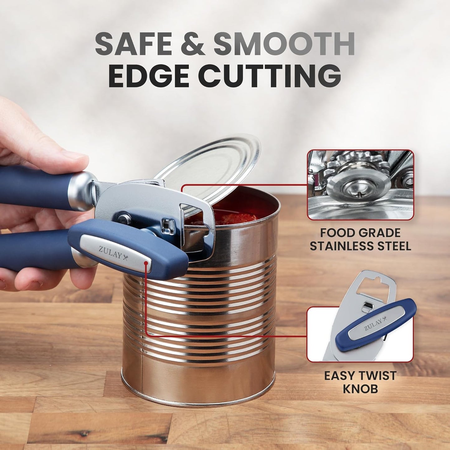 Zulay Kitchen Heavy Duty Stainless Steel Can Opener Manual with Bottle Opener - Rust Proof Manual Can Opener With Turn Knob & Comfy Soft Grip Handles - Black