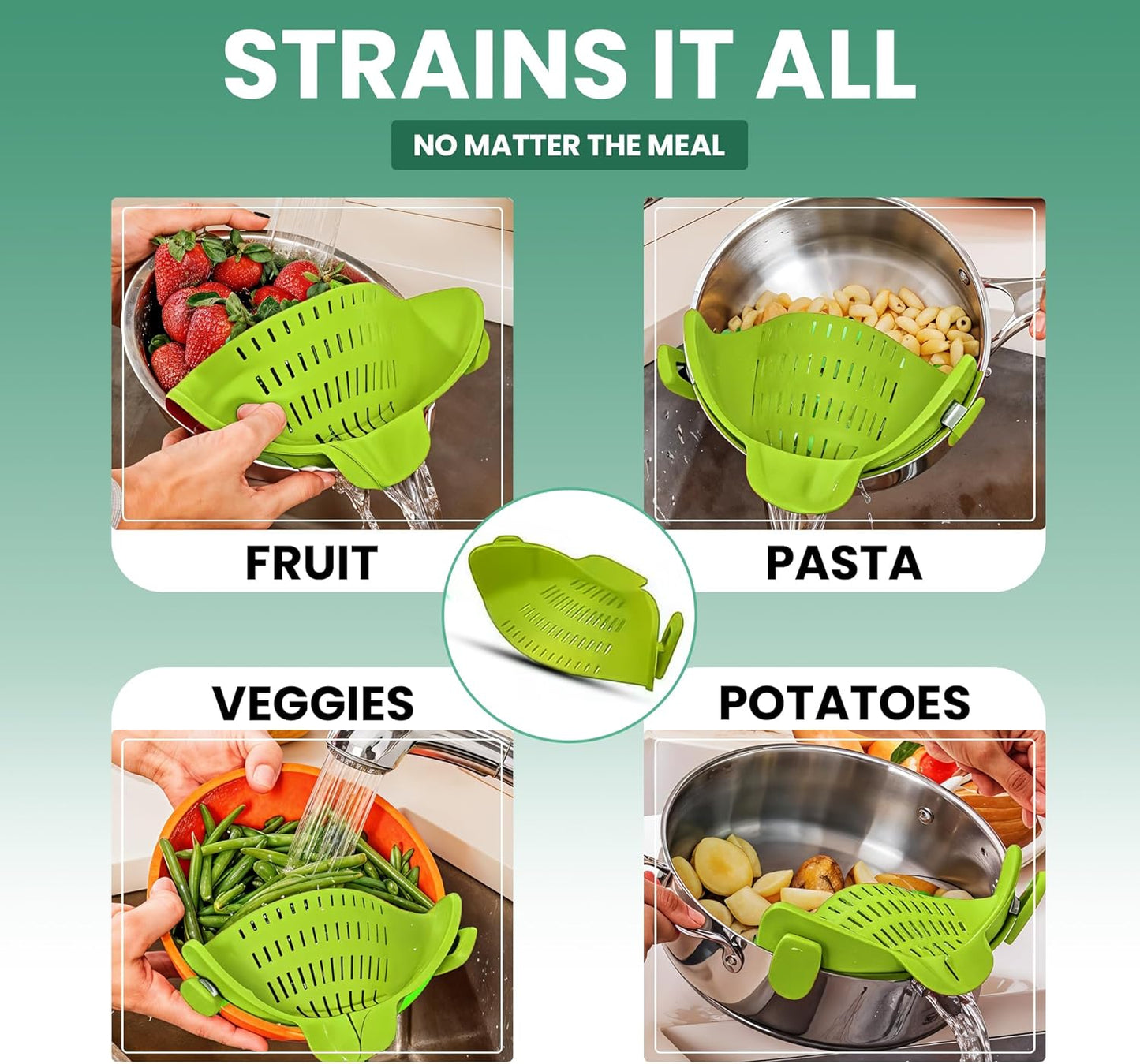 Pasta Strainer Clip-On for Pots and Pans – Heat Resistant Colander for Vegetables and Noodles – Space-Saving Design – BPA-Free, Dishwasher Safe, Universal Fit (Black)