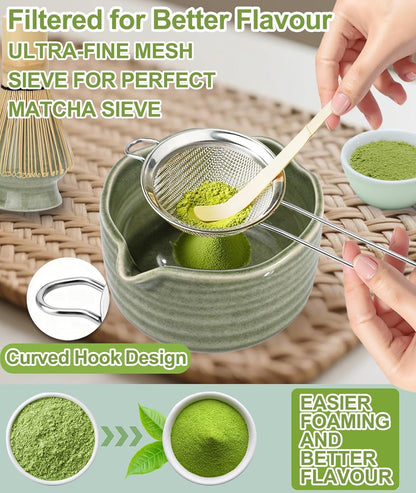 JBER Matcha Whisk Set, Ceramic Matcha Set Includes Bowl & Holder, Bamboo Whisk (Chasen), Sifter, Scoop, Spoon & Rest - 7PCS Matcha Kit Gift for Matcha Lovers & Beginners, Gradient Pink