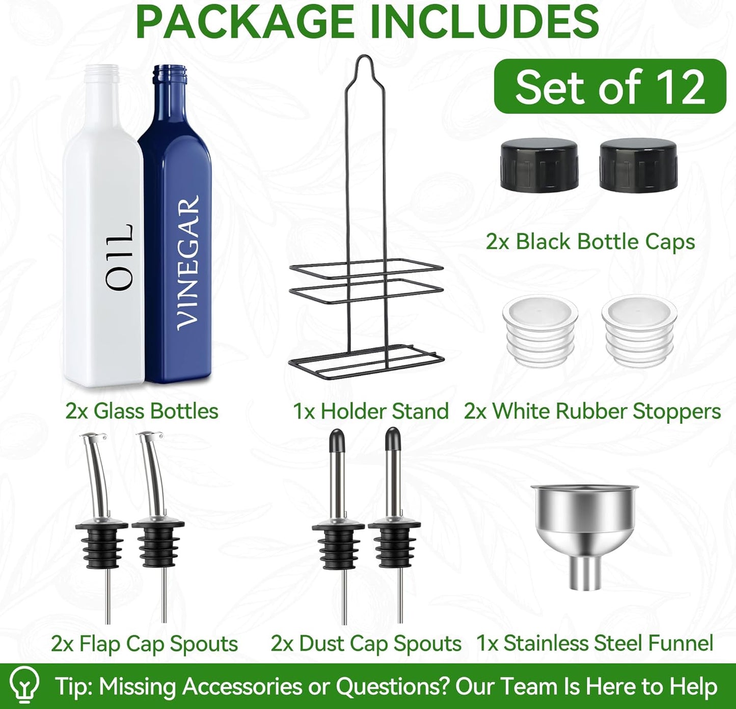 Vakoo Oil and Vinegar Dispenser Set - 17oz/500ml, Extra Thick Glass, Leak-Proof, Olive Oil Dispenser Bottle for Kitchen (White Black)