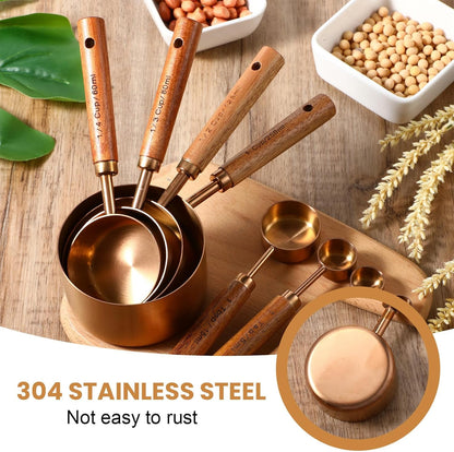 8-Piece Stainless Steel Measuring Cups and Spoons Set - Rose Gold Baking Measuring Cups and Spoons Set with Wooden Handles for Cooking & Baking (US & Metric Measurements)