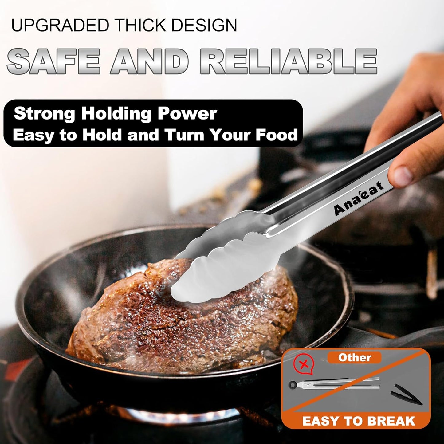 Anaeat Non-Stick Silicone Locking Tong Set of 3 - Stainless Steel 7", 9", 12" Kitchen Food Tongs with Non-Slip Silicone Tips and Grip for Cooking, Baking and BBQ - Heat Resistant up to 480°F (Black)