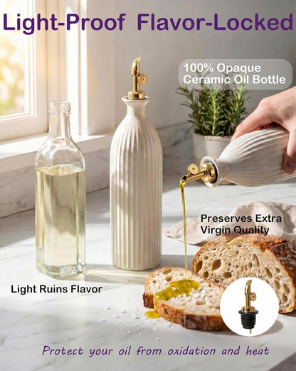 17 oz Ceramic Olive Oil Bottle Dispenser for kitchen with Stainless Automatic Spout, Stoneware 500ml Oil, Vinegar, Soy Sauce, Coffee Syrup, and Liquids container - Deep Gray-Blue
