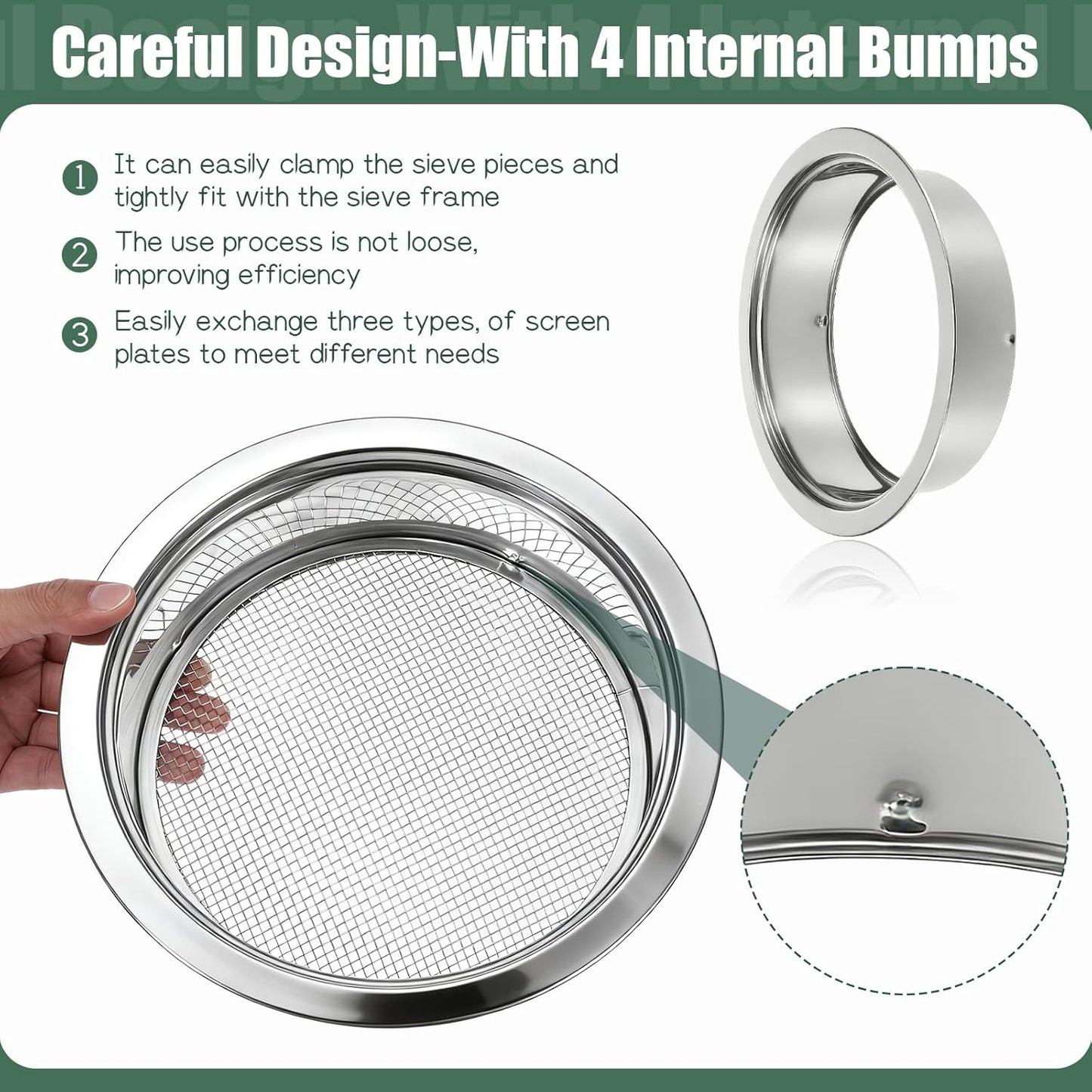 Soil Sieve Set Stainless Steel Garden Soil Sifter, Compost Mesh Sifter with 5 Interchangeable Mesh 1/3/6/9/12mm and Soil Scoops for Sand, Bonsai Soil, Rock, Filtration