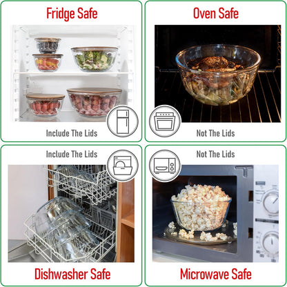 Set of 5 Nesting Glass Bowls with New Updated Acacia Lids for Foodprep, Storage, Mixing & Cooking - Microwave & Oven-ready BPA Free Durable Heat Resistant Inert Borosilicate Glass