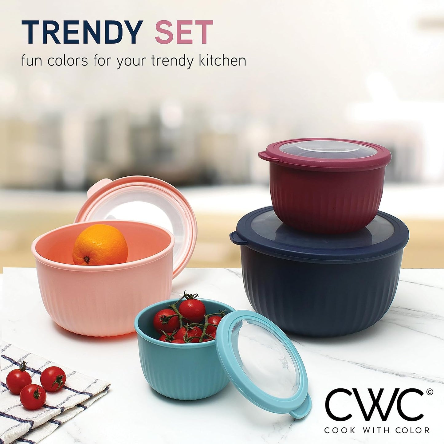 COOK WITH COLOR Prep Bowls with Lids- Wide and Deep Nesting Plastic Small Mixing Bowl Set with Lids, 8 Piece Set - Wide Bowls, Blue