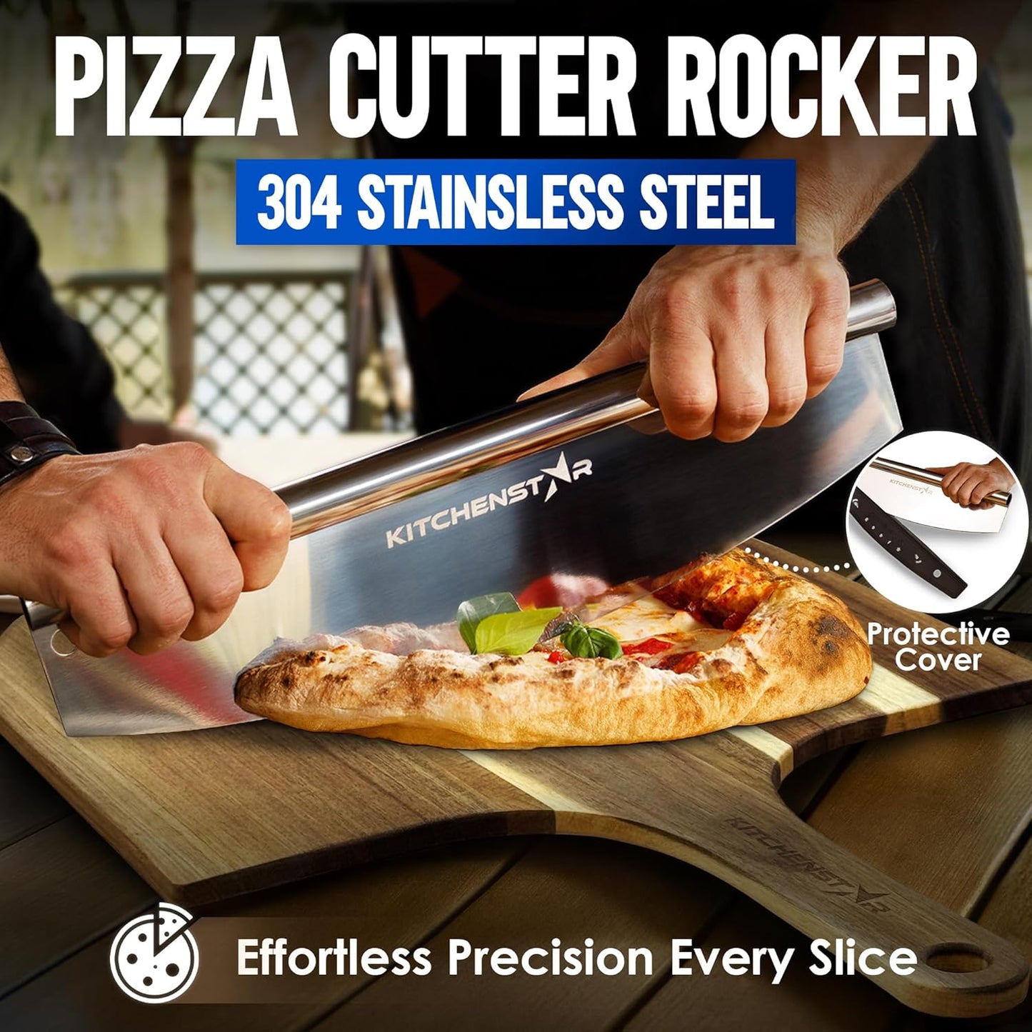 KitchenStar 14-Inch Pizza Cutter Rocker Blade - Sharp Stainless Steel Slicer Knife, Protective Cover, Dishwasher Safe, Large - Professional Pizza Oven Accessories
