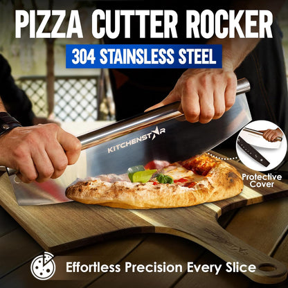 KitchenStar 14-Inch Pizza Cutter Rocker Blade - Sharp Stainless Steel Slicer Knife, Protective Cover, Dishwasher Safe, Large - Professional Pizza Oven Accessories